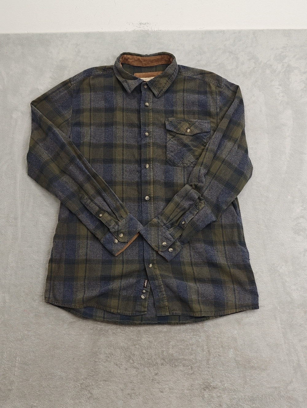 CQR Casual Men's Olive & Navy Plaid Button-Down Shirt L Tall